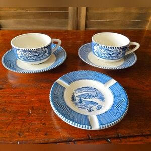 Vintage Currier & Ives Blue and White Royal China Tea Set and Ashtray